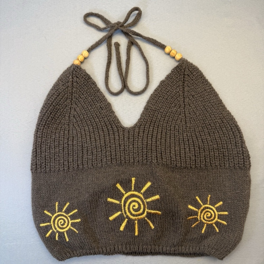 Knit Halter Top Brown Embroidered Sun Wooden Beads Size M | Whimsigoth Festival